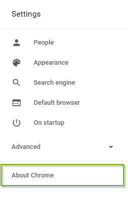 Settings with About Chrome highlighted
