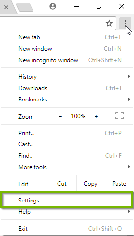 Chrome menu with Settings highlighted