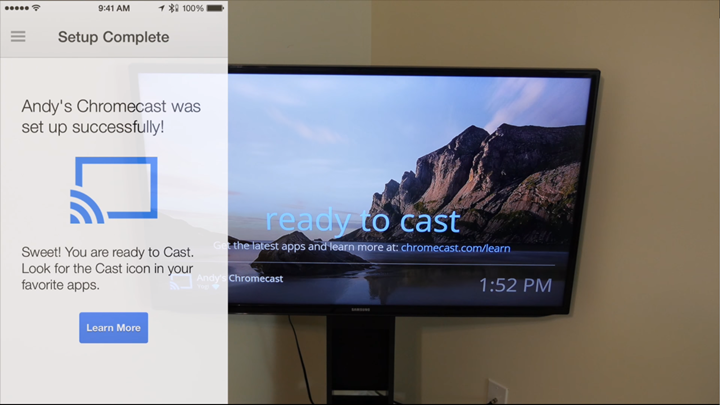 Successful setup confirmation on device and ready to cast displayed on television