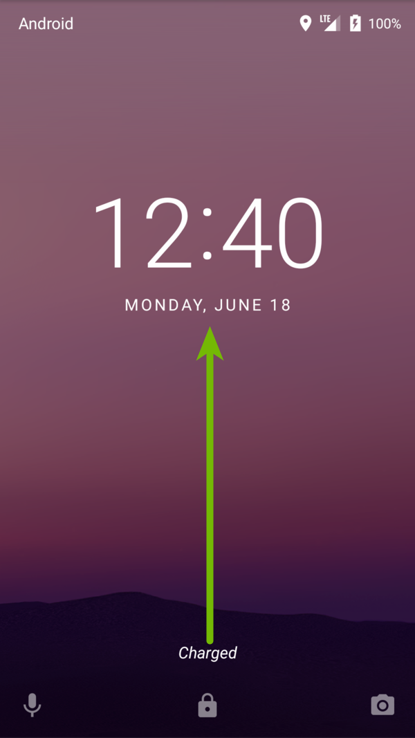 Android Lock screen with arrow indicating to swipe up.
