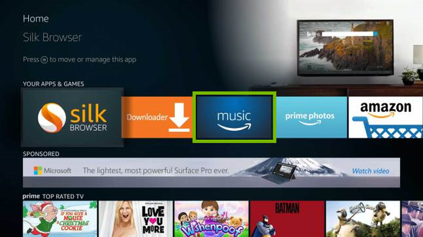 Amazon Music app highlighted in Fire TV menu.