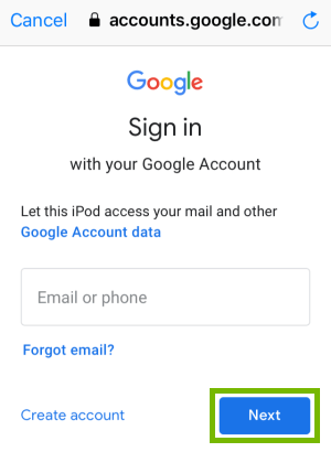 Google login page