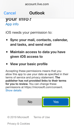 Outlook permissions request