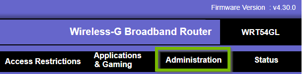 Router page with Administration menu selected. Screenshot.