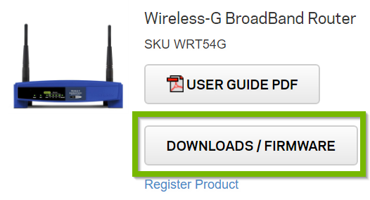 Router landing page with Downloads Firmware button selected. Screenshot.