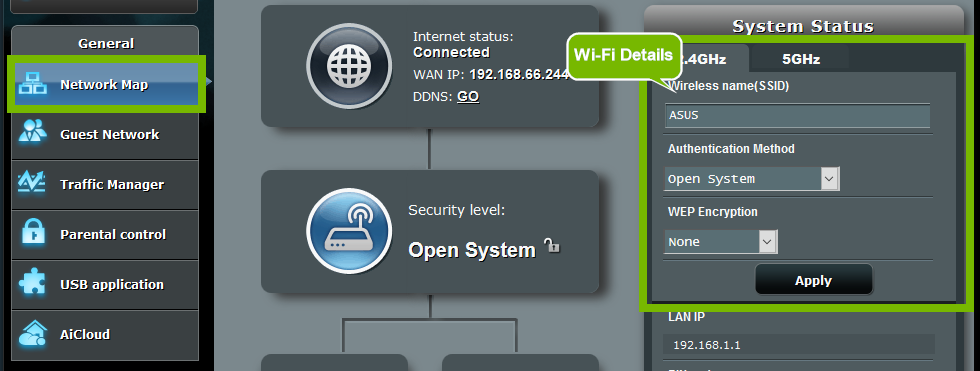 Network Map with Wi-Fi details on right side. Screenshot.