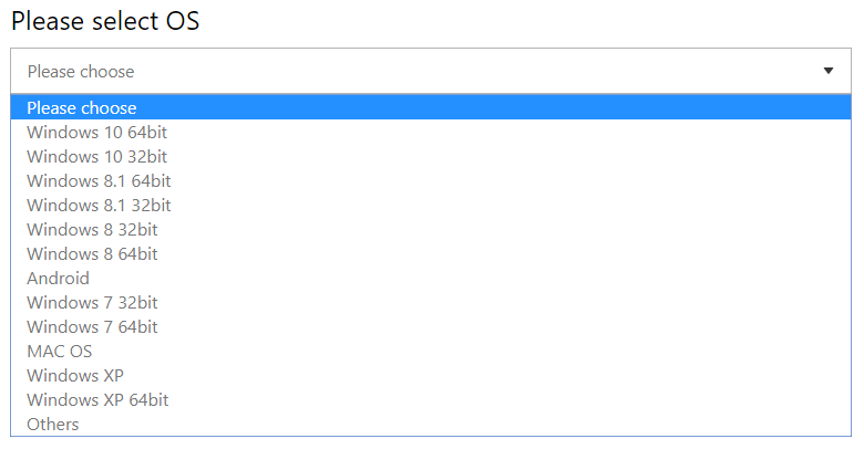 Operating system list. Please select OS. Screenshot.