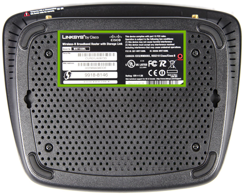 Underside of router with label highlighted.