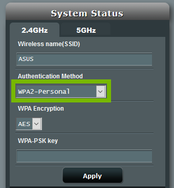 Authentication Method drop down box with WPA2-Personal selected. Screenshot.
