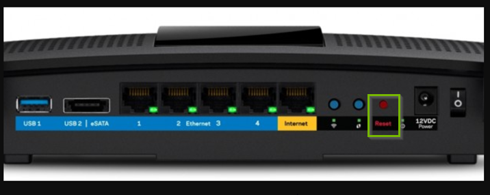 Rear view of router with reset button highlighted.