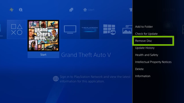 Options menu with Remove Disc highlighted.