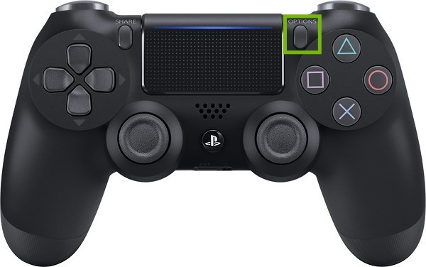 DualShock 4 controller with Options button highlighted.