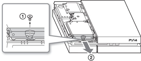 Diagram showing HDD retention screw and showing drive removal.