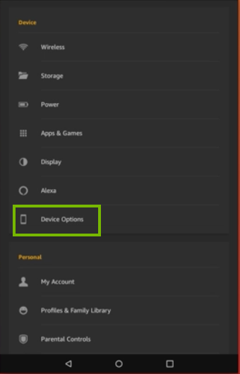 Amazon Kindle settings menu showing device options highlighted