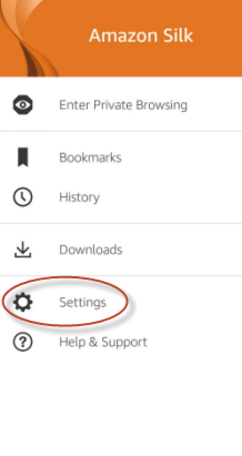 Amazon Kindle Silk menu with settings selected
