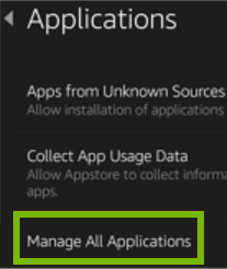 Manage All Applications option highlighted on Applications screen