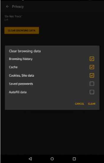 Amazon Kindle Silk settings for clearing browsing data