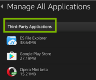 Third-Party Applications heading highlighted on Manage All Applications screen