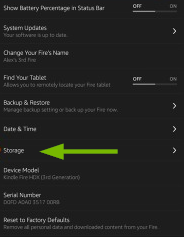Amazon Kindle device options menu showing storage