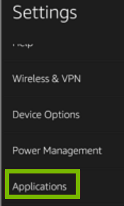 Applications option highlighted on Settings screen