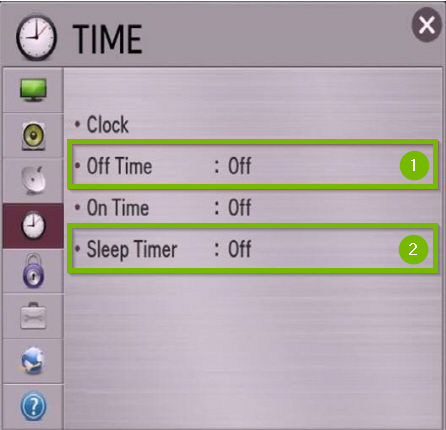 LG time menu with sleep timer and off time highlighted.