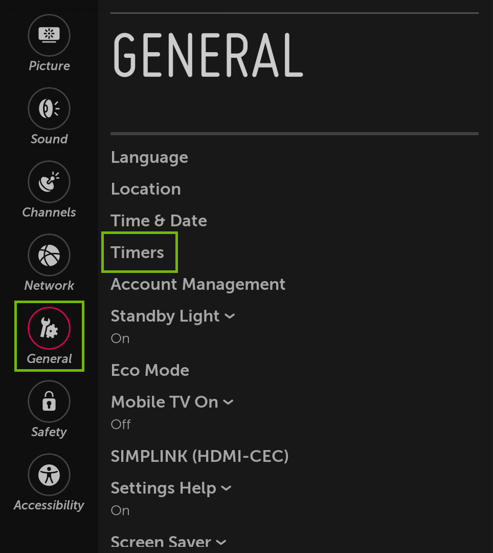 All Settings menu with General and Timers highlighted.