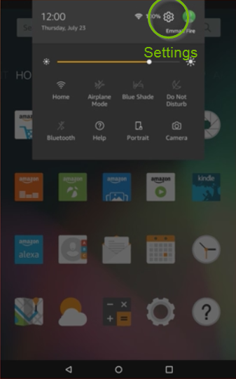 Amazon Kindle swipe down menu showing settings circled