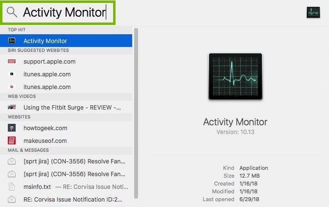 Activity Monitor typed in Spotlight search bar