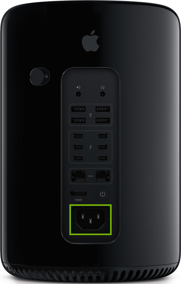 Power socket highlighted on rear side of Mac Pro.