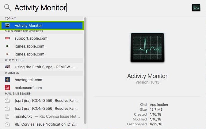 Spotlight search results with Activity Monitor highlighted