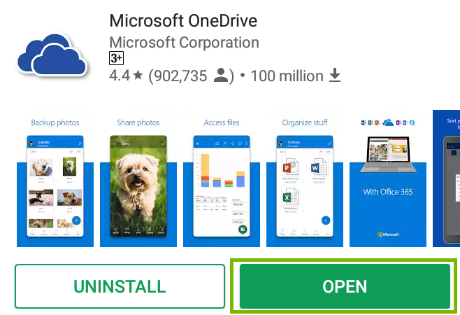 Android app page for Onedrive showing Open highlighted