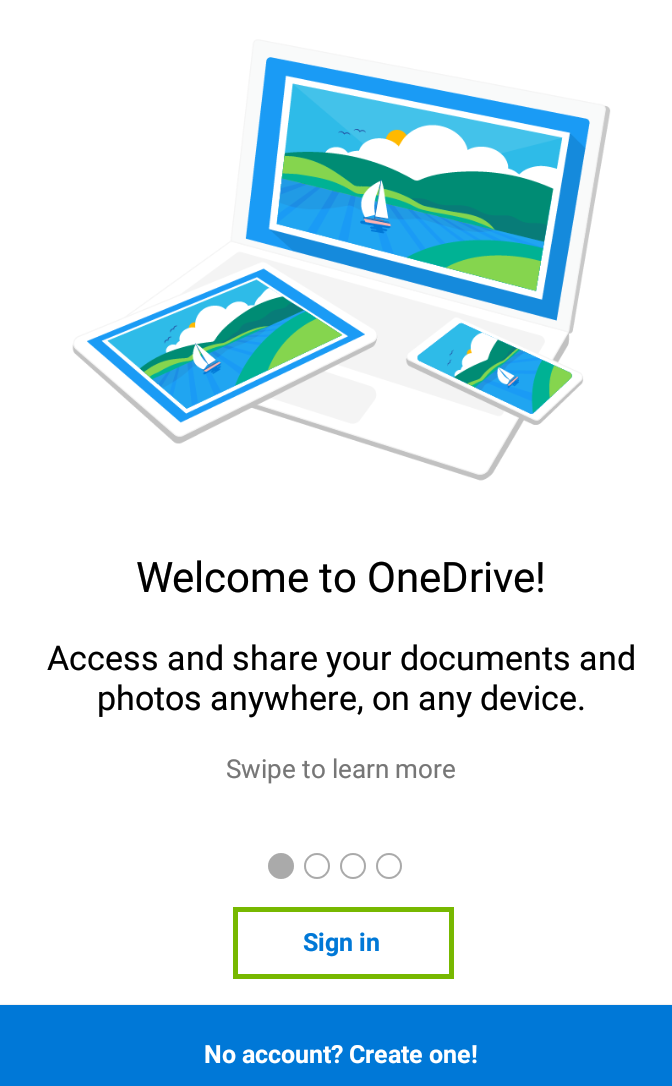 Microsoft Onedrive launch page showing sign in highlighted