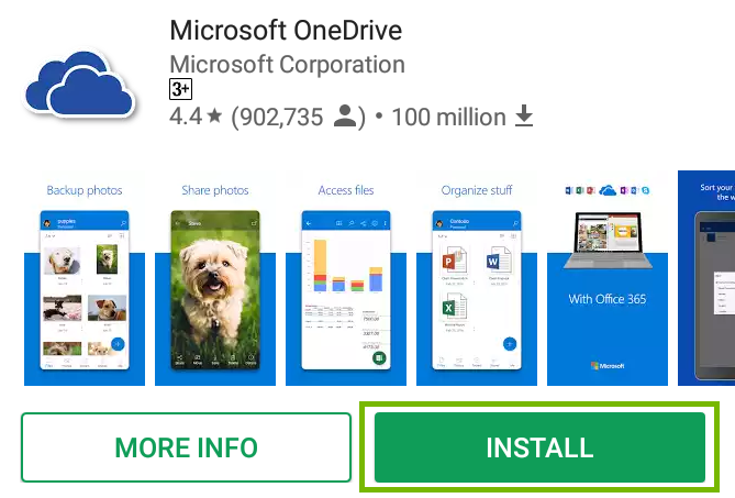 Android install page for Microsoft Onedrive