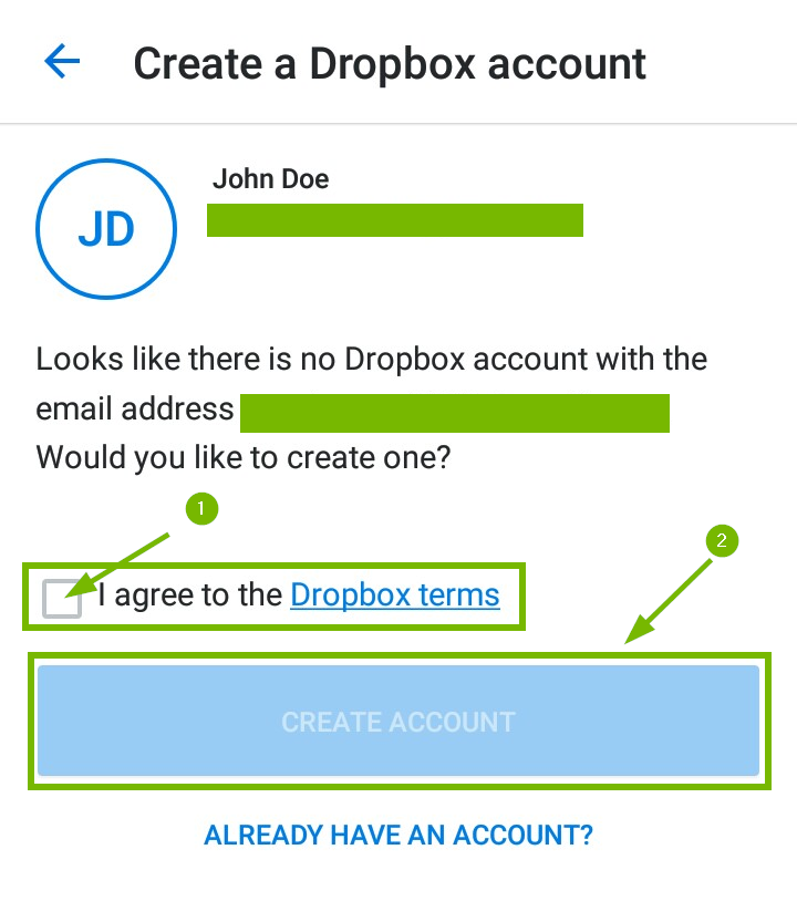 Create a dropbox account page with terms of service and create account highlighted