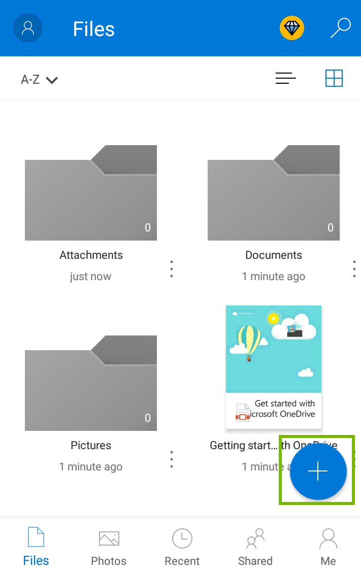 Microsoft onedrive app page showing blue circle with a plus sign being highlighted