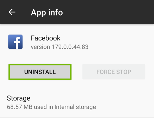 Facebook App with Uninstall highlighted.