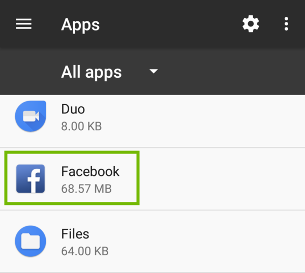 Apps list with Facebook highlighted.