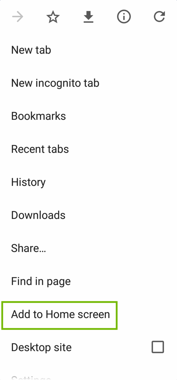Browser menu with Add to Home screen highlighted.