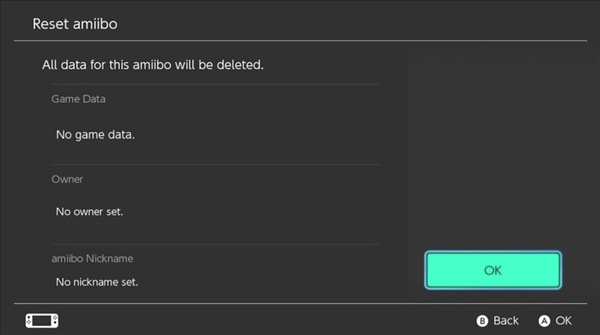Nintendo Switch screen showing am amiibo being reset