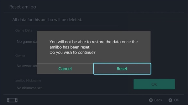 Switch screen showing an amiibo being reset