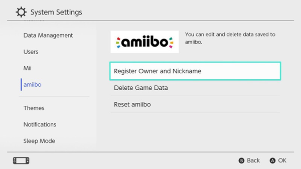 Nintendo Switch settings screen showing amiibo select and register Owner and nickname