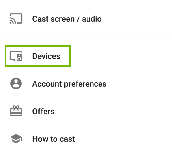 Google Home menu with Devices highlighted.