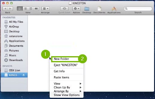 Control-clicking in the USB drive folder and selecting New Folder. Screenshot.