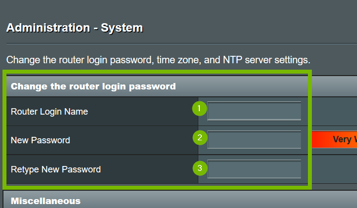 Fields for Router login name, new password, and retype new password. Screenshot.