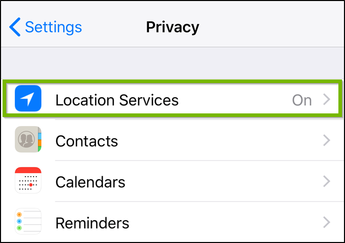 iOS Privacy settings highlighting location services.