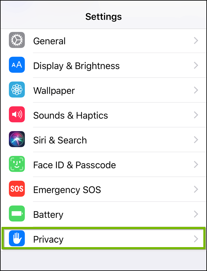 iOS Settings menu highlighting the privacy option.