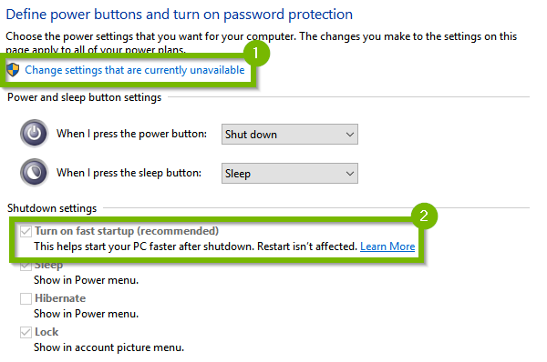 Power button properties with Turn on fast startup selected.