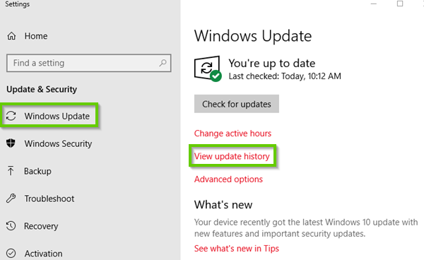 Windows Update settings with view update history highlighted