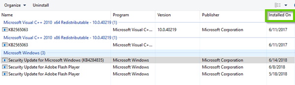 Windows 10 installed updates list sorted by date