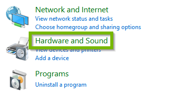 Control Panel with Hardware and Sound selected. Screenshot.